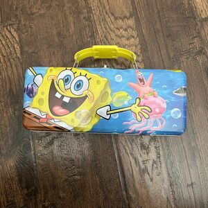 Spongebob Blue Yellow Tin Tool Box Handle Hinged Pencil Holder Box Storage